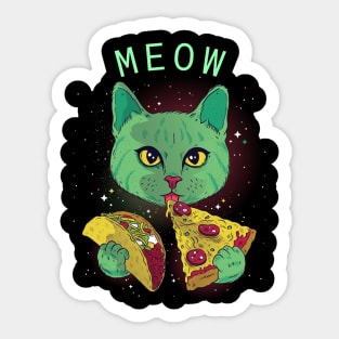 Cosmic Space Cat Eating Taco And Pizza Sticker